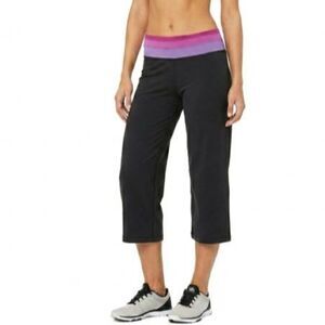 Alo Women's Black with Pink Purple Stripe Waist Straight Leg Capri Leggings Sz M